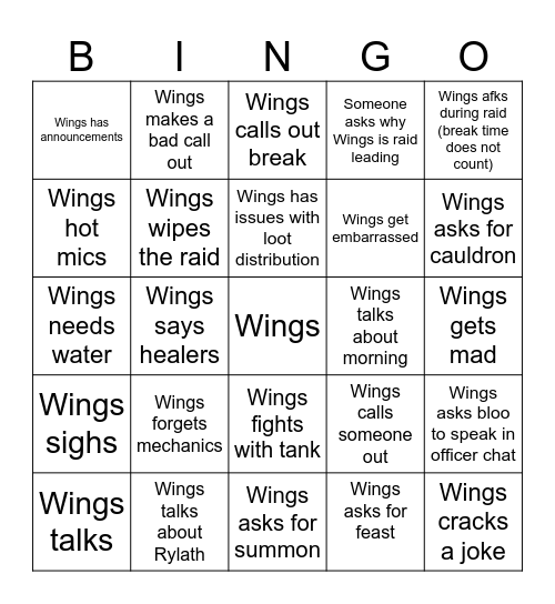 Wings Bingo Card