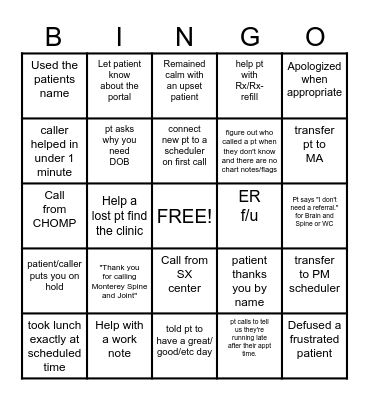 Call Center Bingo Card