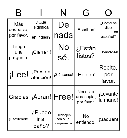 Classroom expresions and commands Bingo Card