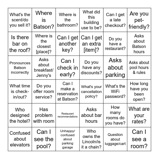 Front Desk Bingo Card