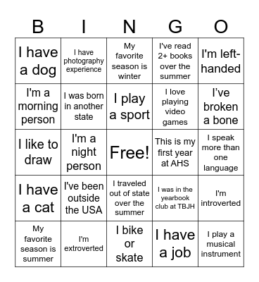 Yearbook Class Bingo Card