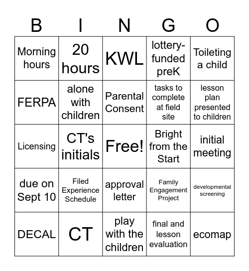 Field Experience Bingo Card