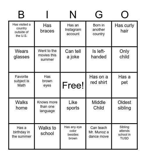 Classmate Bingo Card