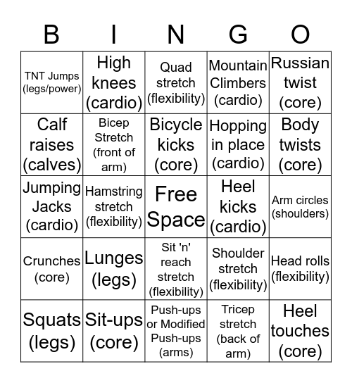 Physical Activity Bingo Card