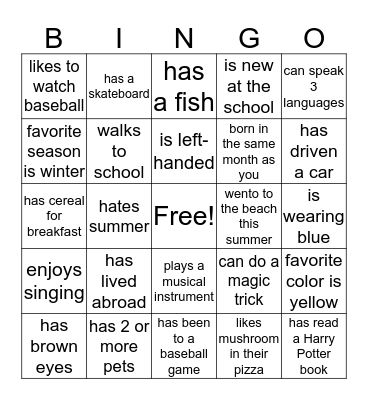 Getting to know you Bingo Card