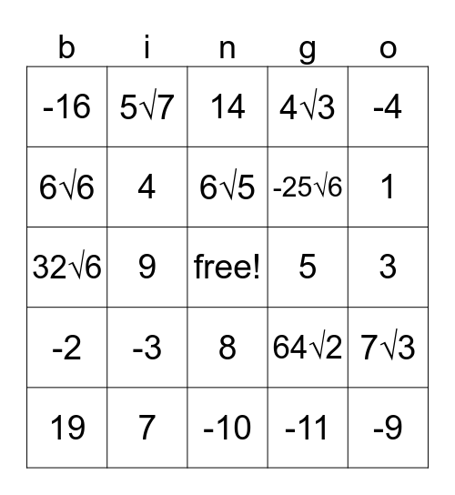 equations + radicals! Bingo Card