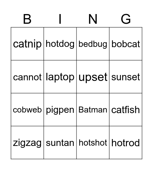 CVC Compound Word Bingo Card