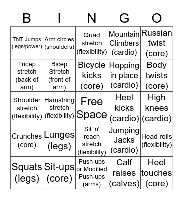 Physical Activity Bingo Card