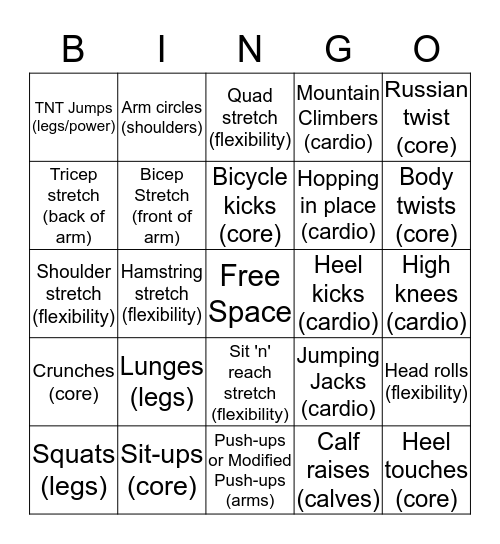 Physical Activity Bingo Card