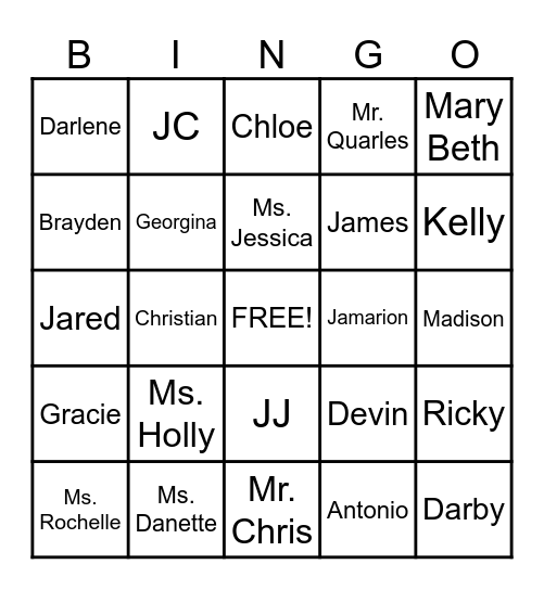 Names Bingo Card