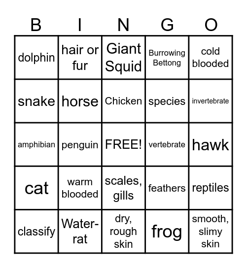 Animal Classification Bingo Card