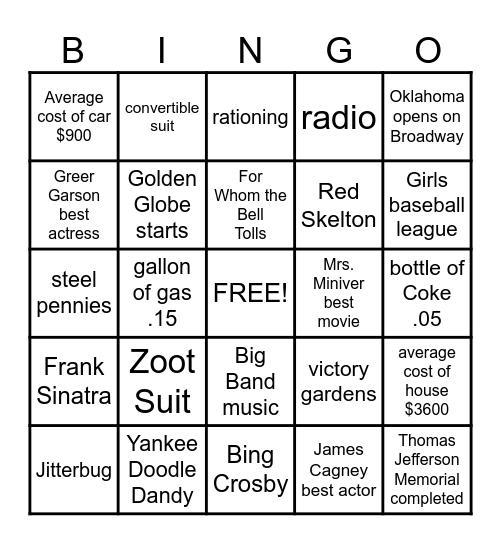 1943 Bingo Card