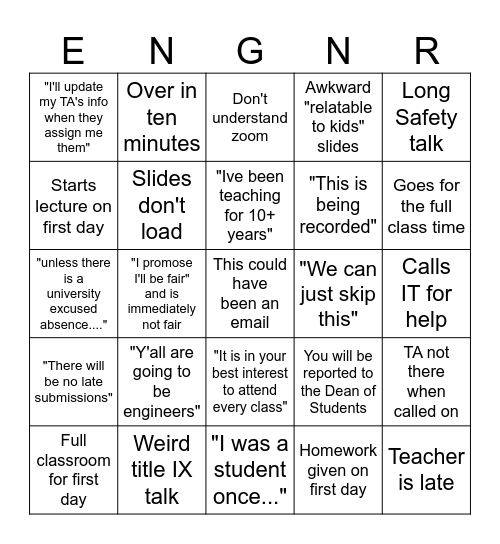 Engineering Syllabus Week Bingo Card