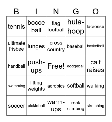 PE Bingo Card