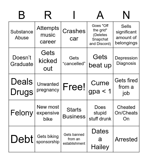 Evan's Brian Bingo Card