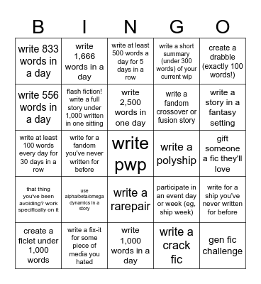 Writer Self-Challenge Bingo! Bingo Card