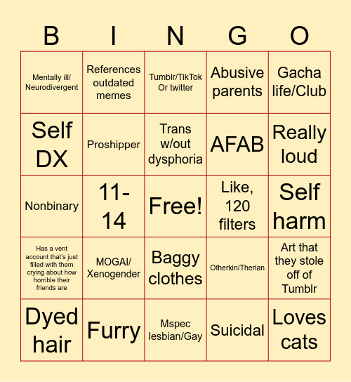 Cringe Bingo Card