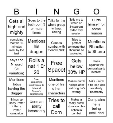 The Jaime Targyrian Matthew Bingo Card