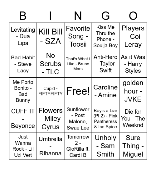 Popular Music Bingo! Bingo Card