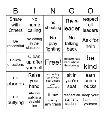 Classroom Rules Bingo Card