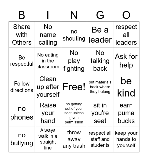 Classroom Rules Bingo Card