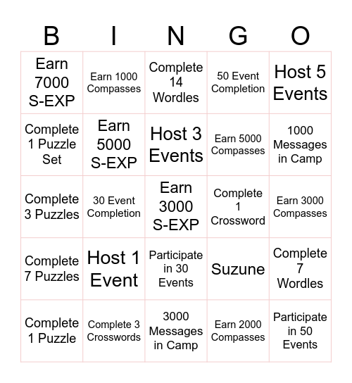 Suzune Camp Bingo Card