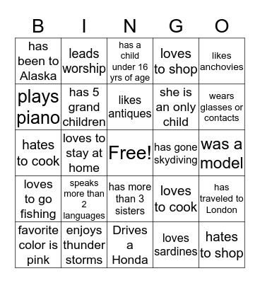 Getting to know you Bingo Card