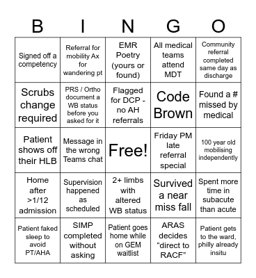 Acute PT Bingo Card