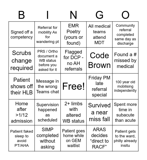 Acute PT Bingo Card