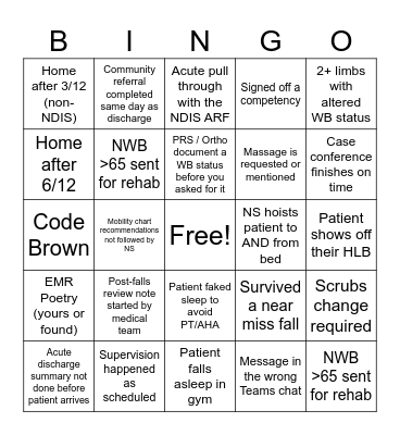 Subacute PT Bingo Card