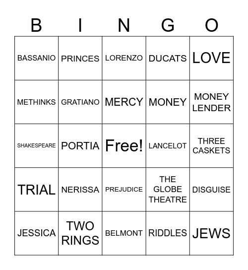 THE MERCHANT OF VENICE Bingo Card