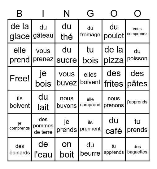 Les aliments / boire, prendre Bingo Card