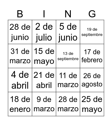 Fechas/Dates Bingo Card