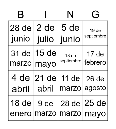 Fechas/Dates Bingo Card