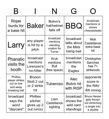 Phillies Bingo: 2023-08-26 Bingo Card