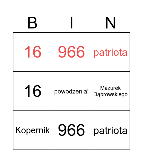 SYMBOLE NARODOWE Bingo Card