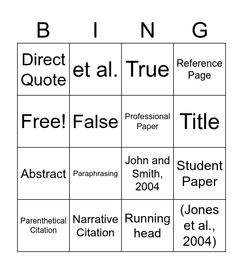 APA Bingo Card 1 Bingo Card