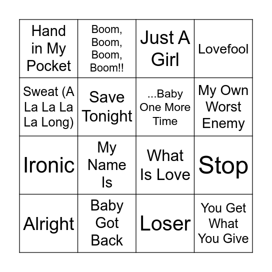 90s Music Bingo Round 1 Bingo Card