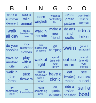 Summer fun Bingo Card