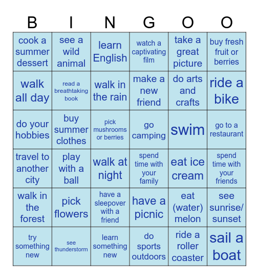 Summer fun Bingo Card