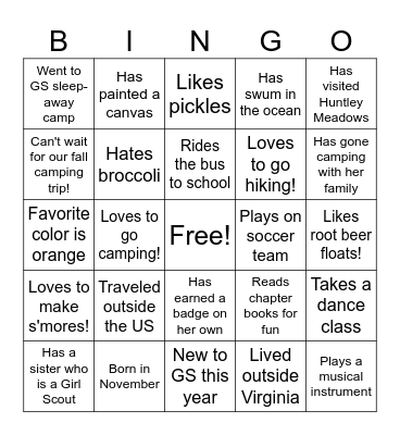 GS Troop Get-to-know-you Bingo Card