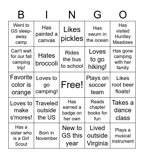 GS Troop Get-to-know-you Bingo Card