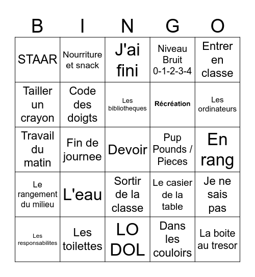 Bingo premier jour d'ecole Bingo Card