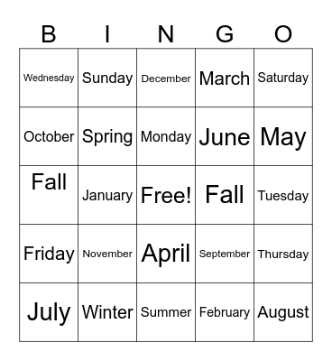 Months of the year, seasons, and days of the week Bingo Card