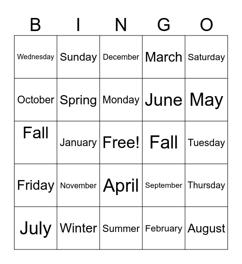 Months of the year, seasons, and days of the week Bingo Card