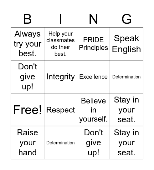 PRIDE Principles BINGO Card