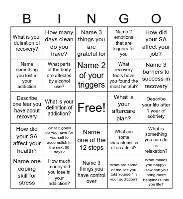 Recovery Bingo! Bingo Card