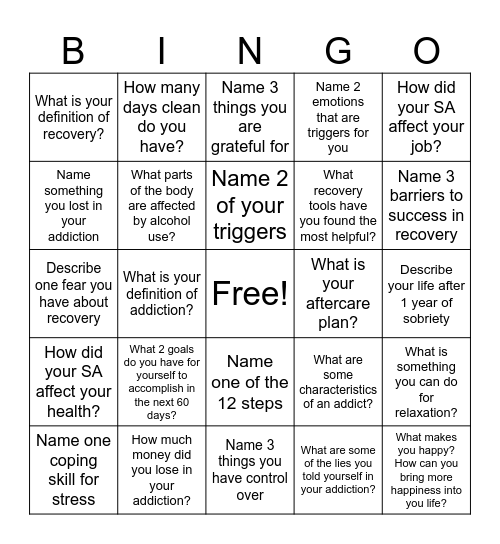 Recovery Bingo! Bingo Card