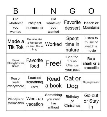 Get to Know you Bingo Card