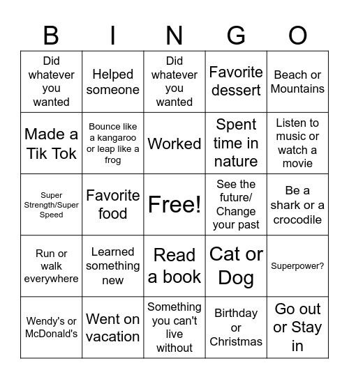 Get to Know you Bingo Card